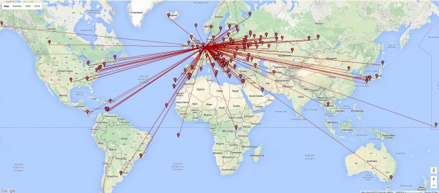 Een overzicht van alle landen waarmee ik dit weekend een verbinding heb gemaakt. Eén 'druppel' per land.