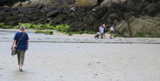 Wij zijn op de terugweg, deze familie gaat schelpdieren verzamelen. Aan de bak op wieltjes te zien is het óf voor de hele buurt (camping?) of voor een paar weken...