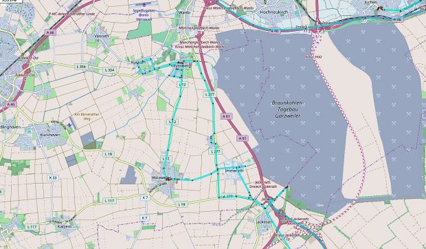 De kaart, maar nu ingezoomd. Behalve het half afgebroken Immerath staan ook de door ons bezochte dorpen Holzweiler, Kuckum en Keyenberg op de nominatie om te verdwijnen.