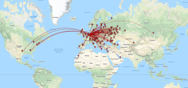 De verschillende landen waarmee we verbinding hebben gemaakt. Slechte condities: amper enkelen in Afrika of Azië. Geen enkele verbinding met Zuid-Amerika en Australië!