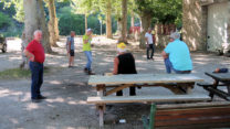 Dorpsbewoners spelen pétanque in de schaduw van de platanen op het dorpsplein.