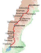 Het traject van de Inlandsbanan, ruim 1200km!