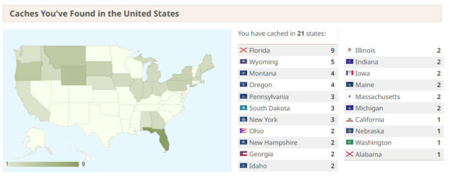Alle staten waarin we geocaches hebben gevonden.